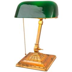Classical Revival Cast Brass Bank Lamp with Emerlite Shade, circa 1910