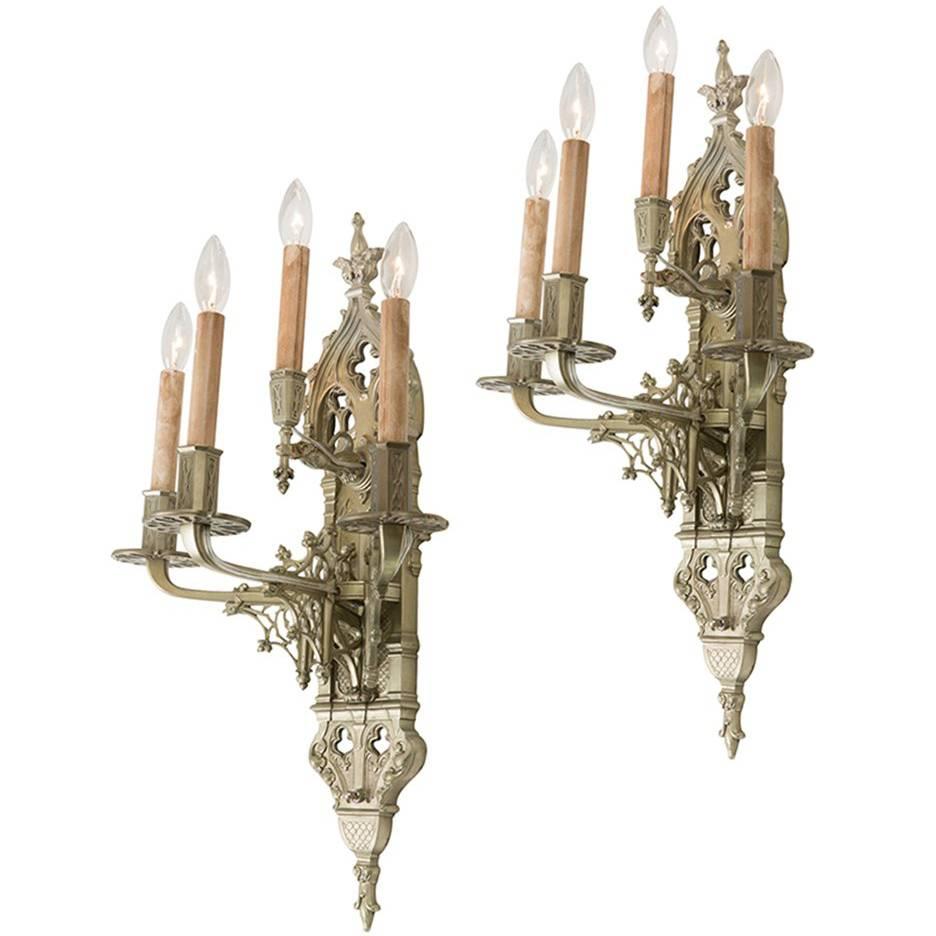 Pair of Gargoyle-Laden Gothic Revival Nickel-Plated Sconces, circa 1910s For Sale