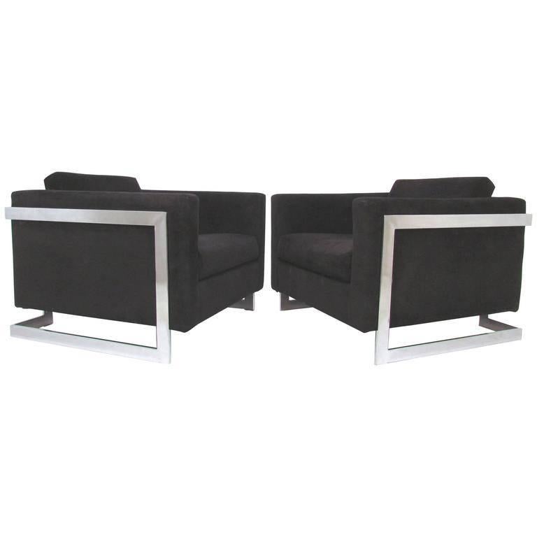 Pair of Milo Baughman T-Back Cube Lounge Chairs for Thayer Coggin For Sale
