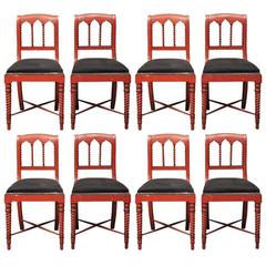 Vintage Set of Eight Red Paint Decorated Side Chairs