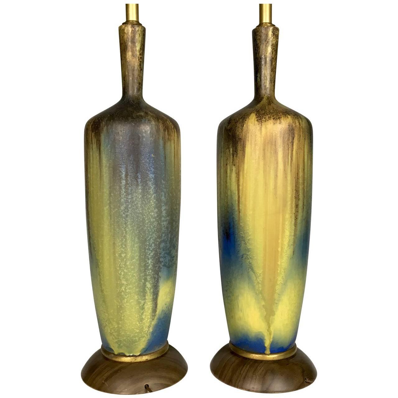 Pair of Large Mid-Century Volcanic Drip Ceramic Lamps