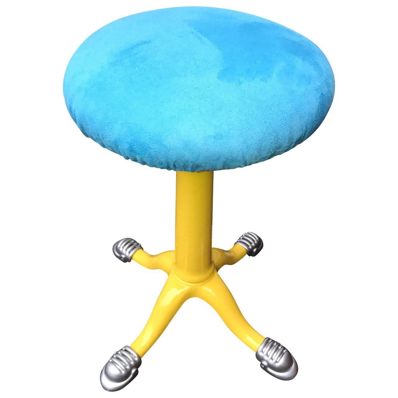 Industrial Yellow Metal Stool with Faux Blue Suede Seat, circa 1873