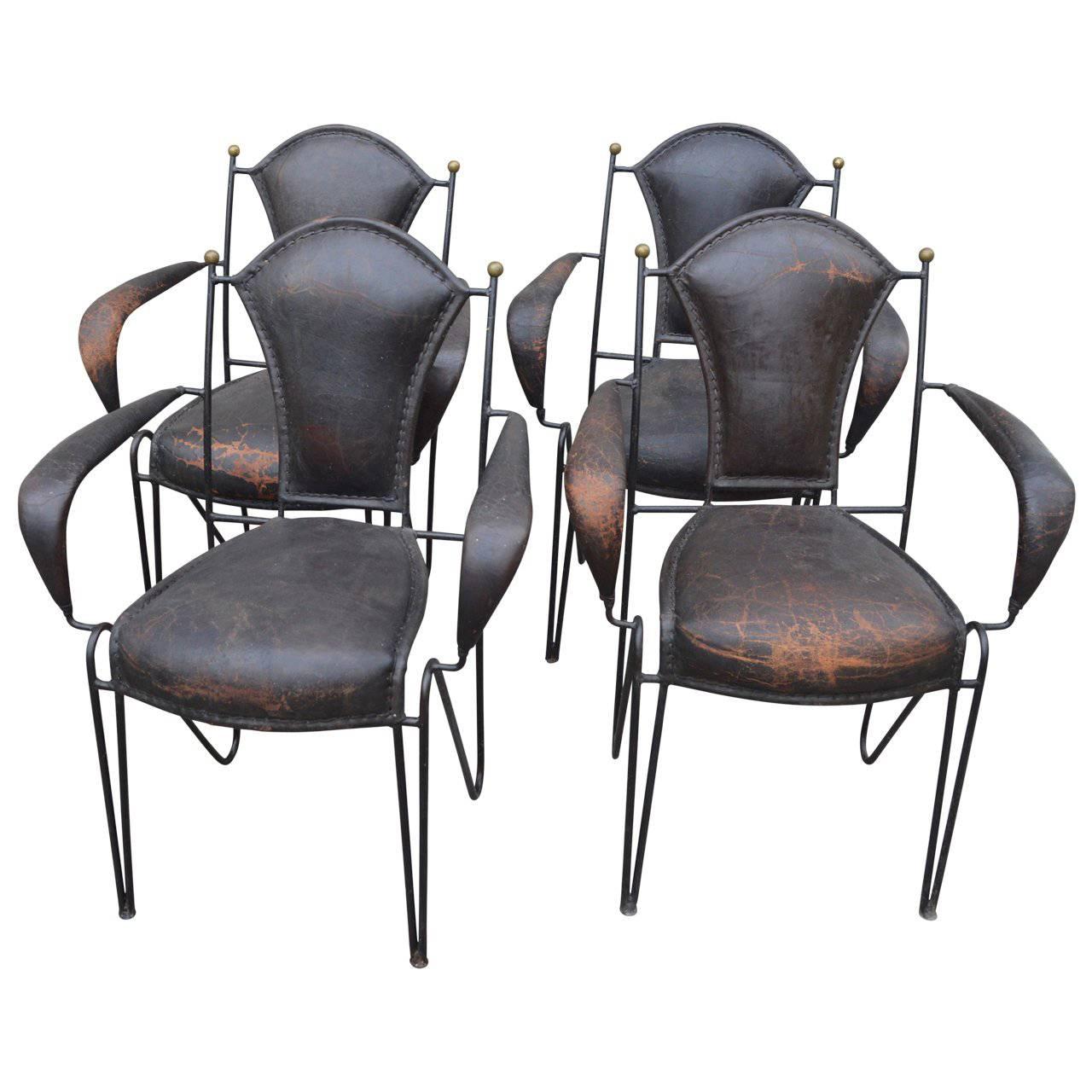Set of Four French Iron and Leather Armchairs