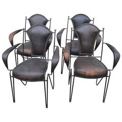 Set of Four French Iron and Leather Armchairs