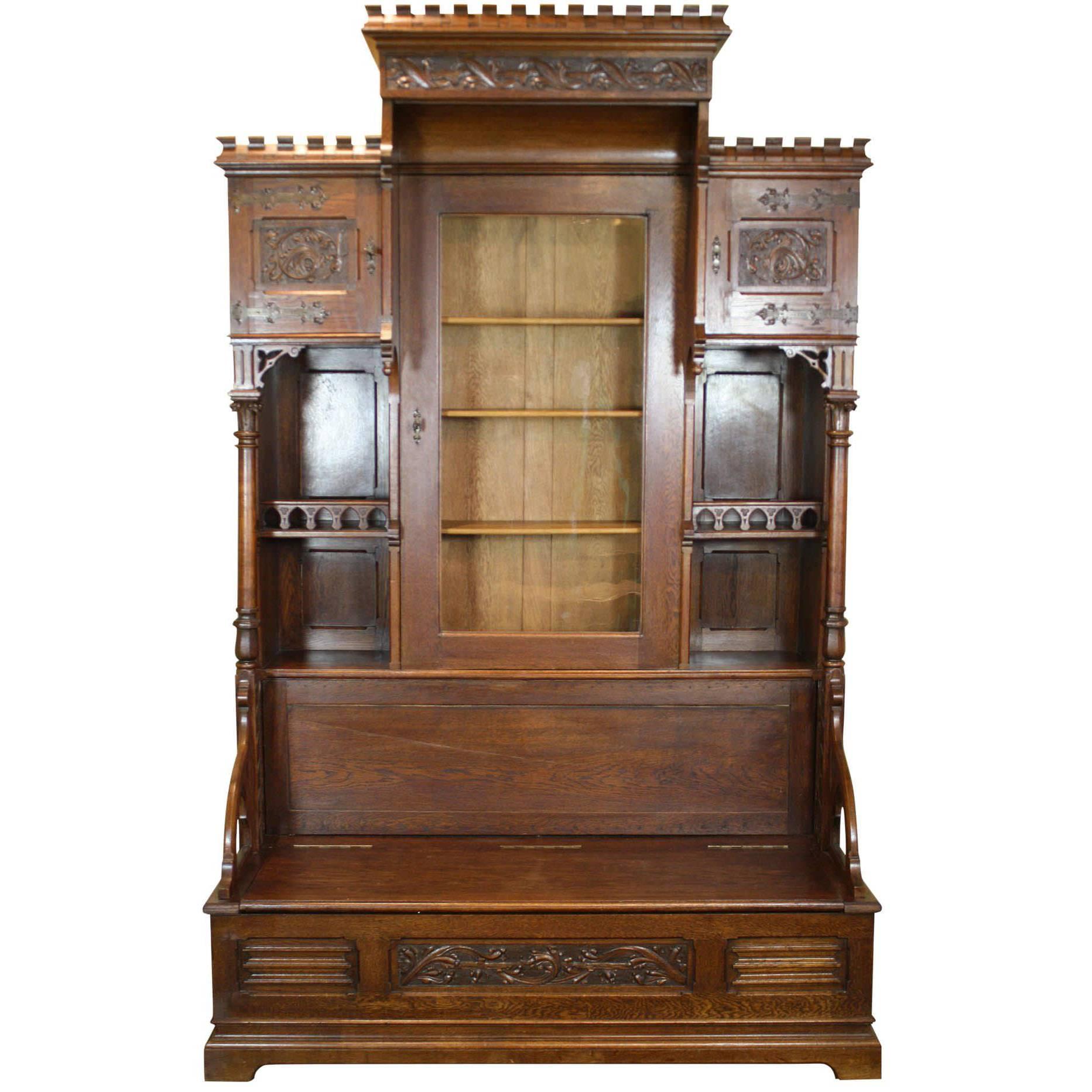 Gothic Revival Bookcase with Bench and Storage, circa 1875