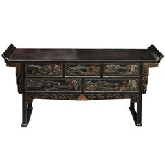 Vintage Black Lacquered Chinoiserie Five-Drawer Sideboard with Colored Scenes