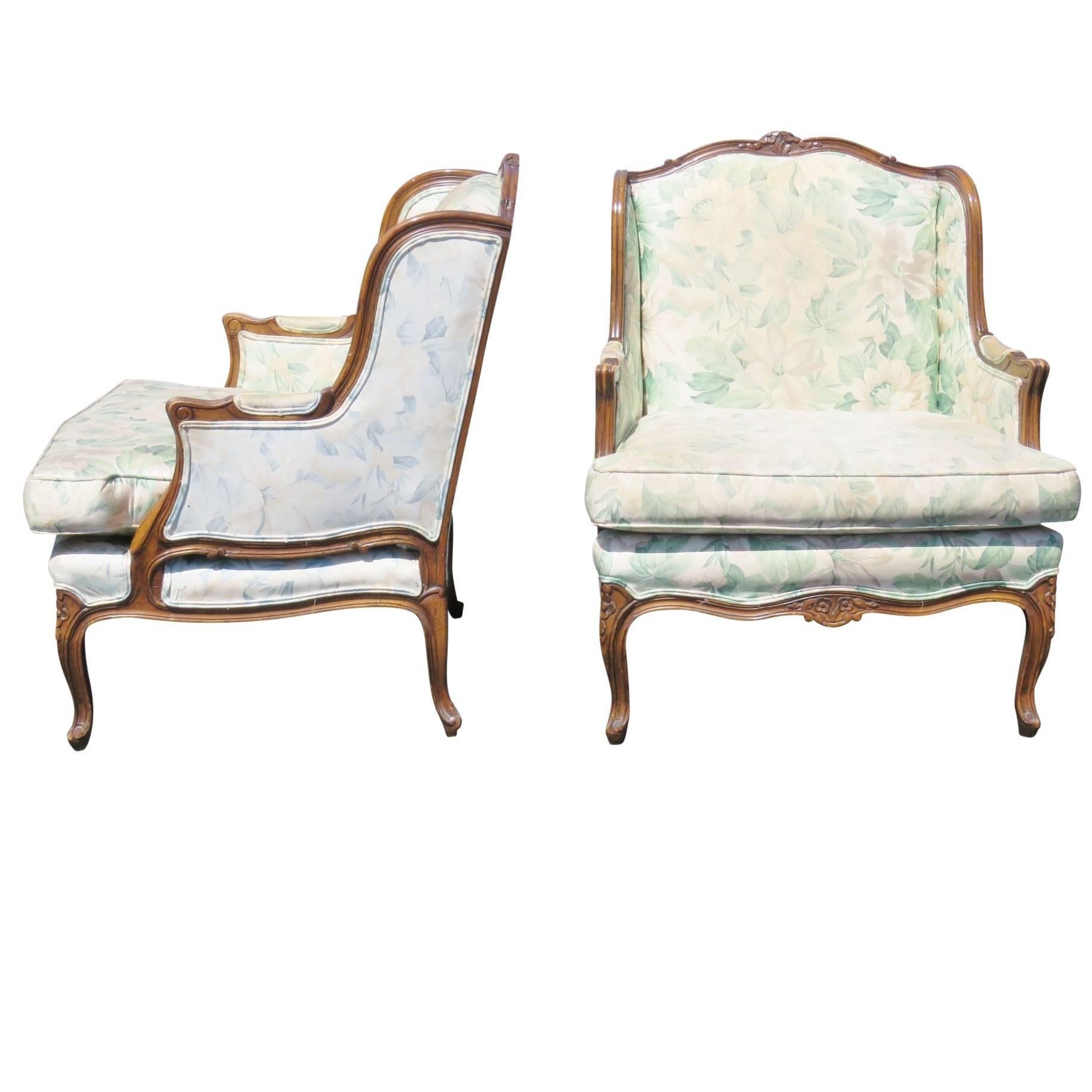 Pair of French Louis XVI Style Carved Walnut Bergere Marquis Chairs 