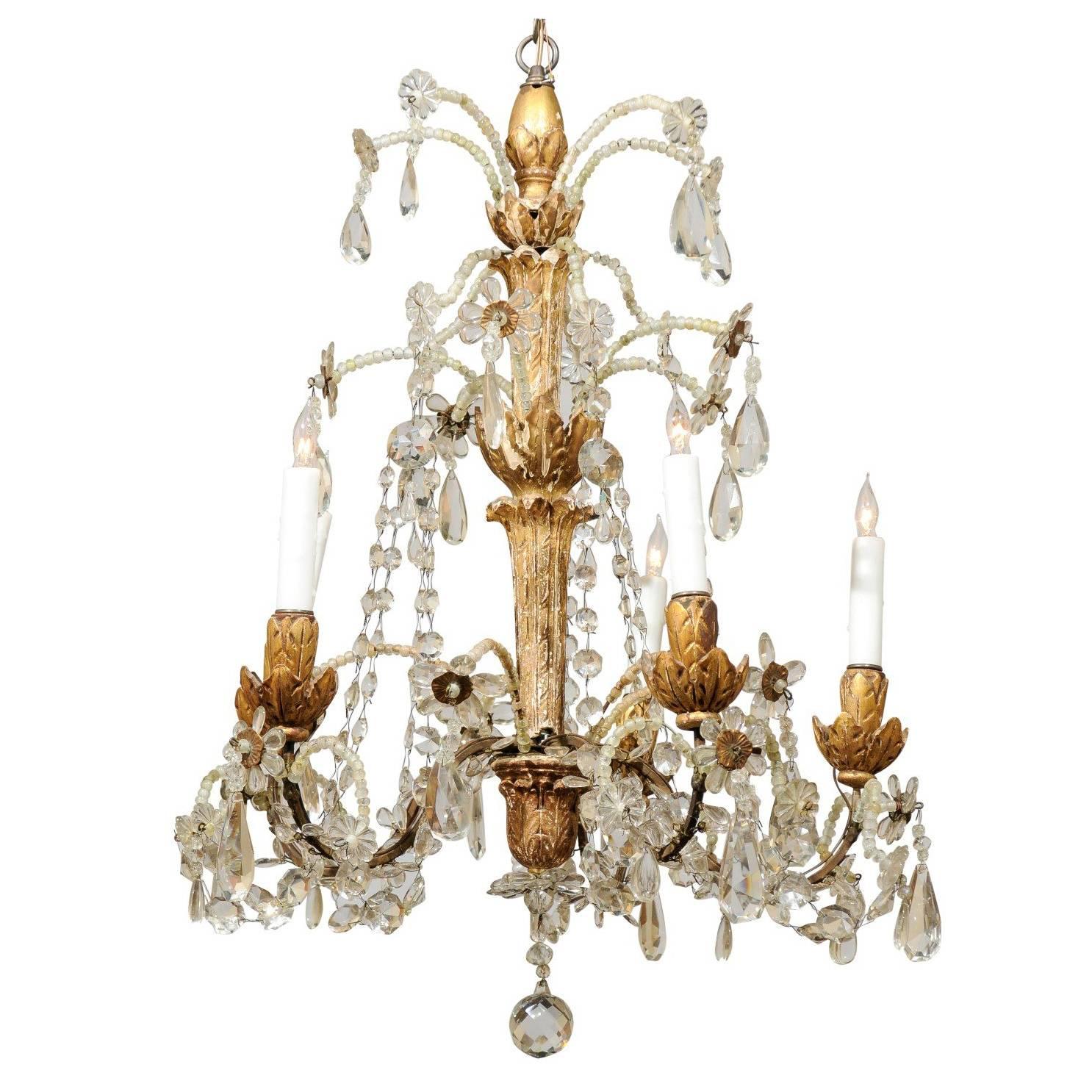 Neoclassical Style Giltwood and Crystal Chandelier with Flowers, 19th Century