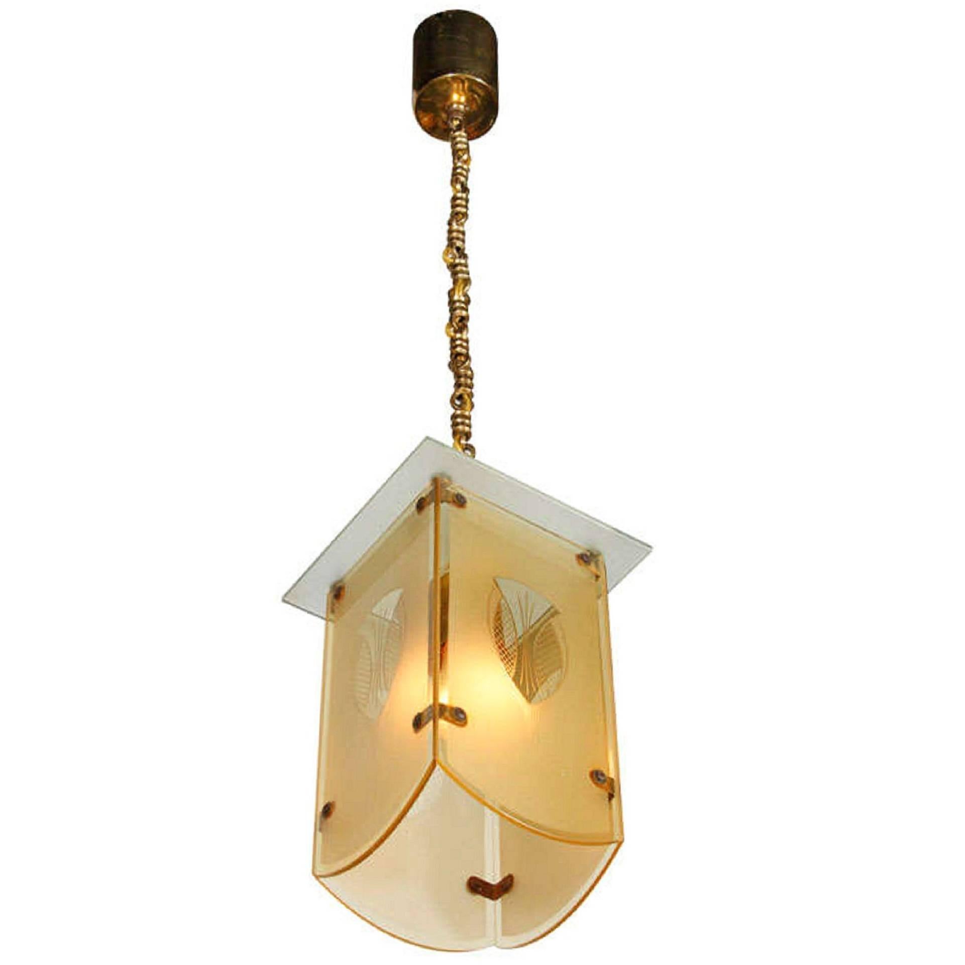 Hanging Lamp with Decorated Glass Shade, German, 1920s For Sale