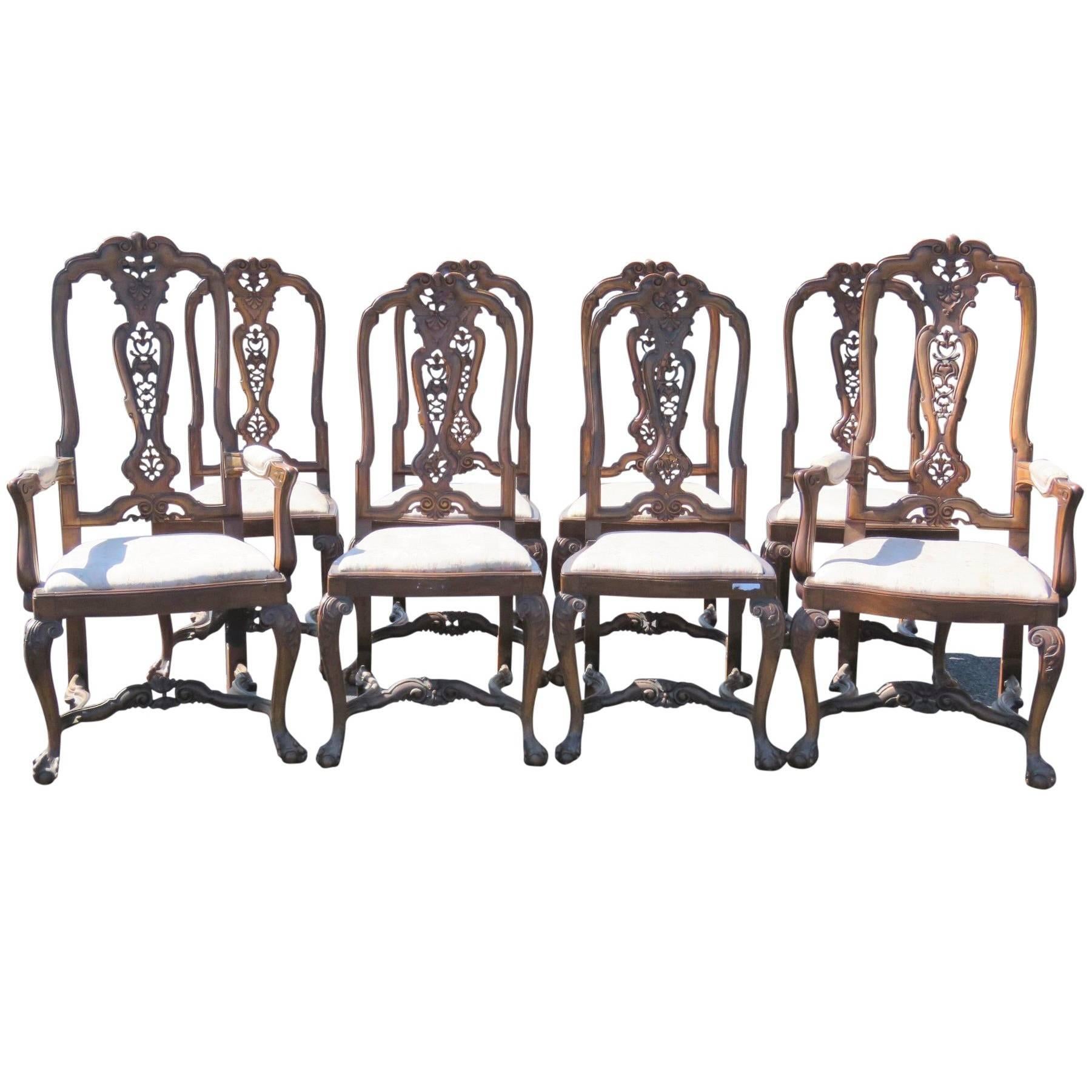 Eight Ball and Claw Carved Upholstered Dining Chairs