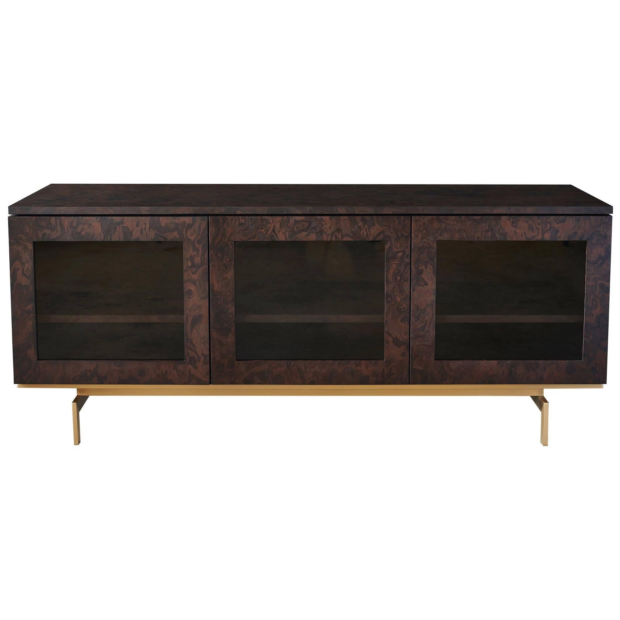 Darin Credenza, cupboard, cabinet in walnut, brass and clear glass For Sale