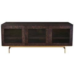 Darin Credenza, cupboard, cabinet in walnut, brass and clear glass