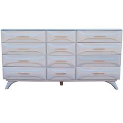 Modern Light Lavender Grey Lacquered Sculptured Pine Dresser with 12 Drawers