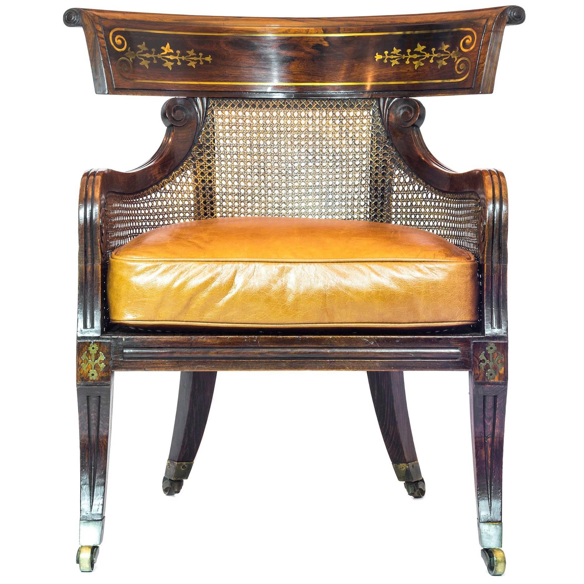 19th Century English Regency Caned Klismos Library Armchair with Leather Cushion