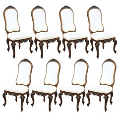 Set of 8 Italian Baroque Style Carved Walnut Upholstered Tall Back Dining Chairs