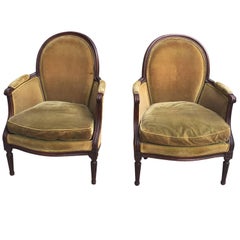 19th Century French Pair of Directoire Style Carved Chairs with Green Velvet
