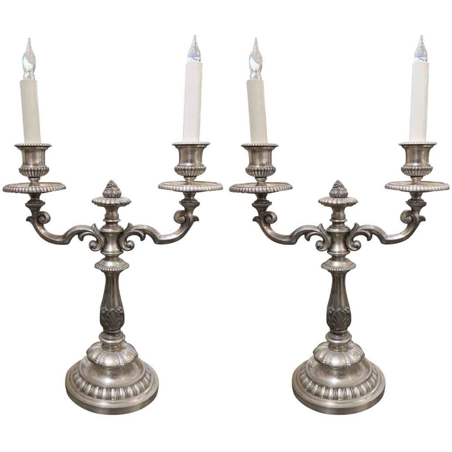 1900s Pair EF Caldwell Silvered Bronze Table Lamps 2 Lights Each For Sale