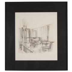 Interior Scene, Pencil and Charcoal on Paper, French, 1940s