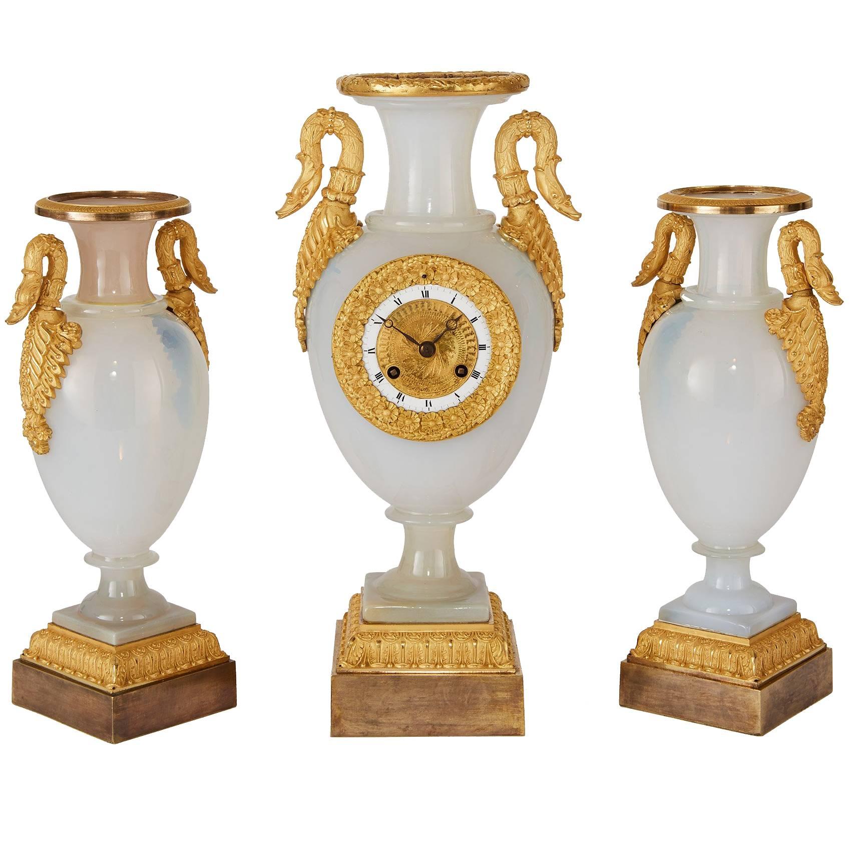 Restauration Period Opaline Glass Clock Set by De Boussiard For Sale