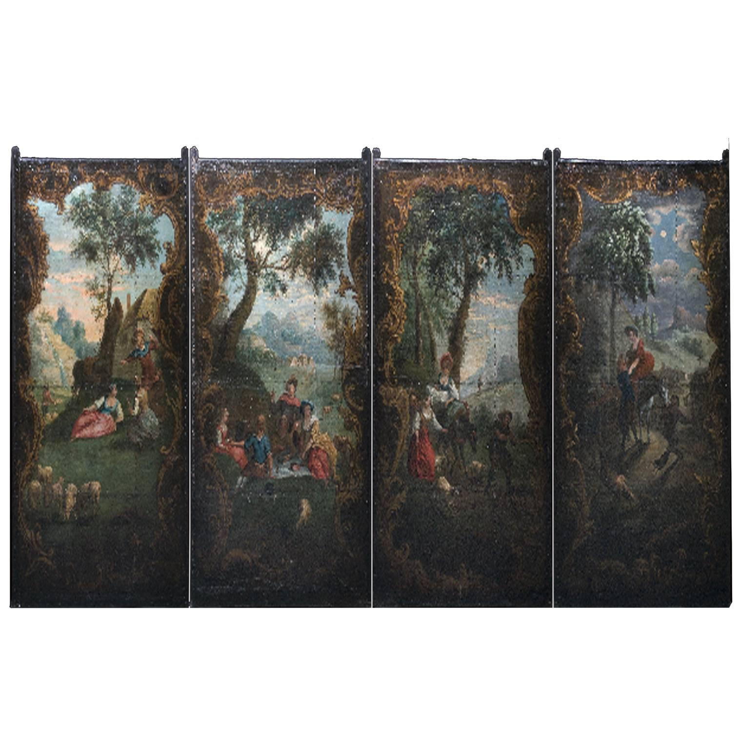 Spectacular 17th-18th Century Oil Painting on Canvas, Four-Panel Screen For Sale