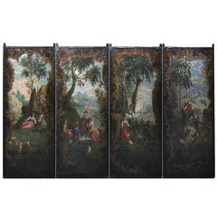Spectacular 17th-18th Century Oil Painting on Canvas, Four-Panel Screen