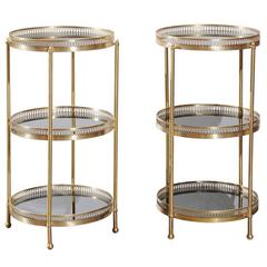 Vintage Pair of Italian Three-Tier Brass and Black Glass Side Tables