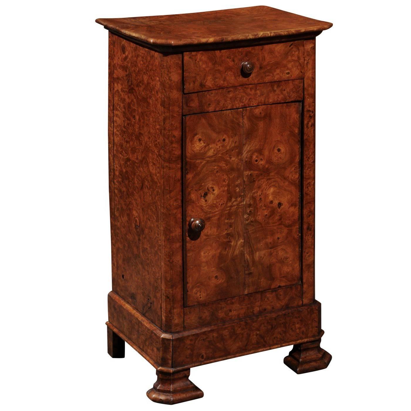 English Burl Wood Pot Cupboard from the 1880s with Single Drawer and Door