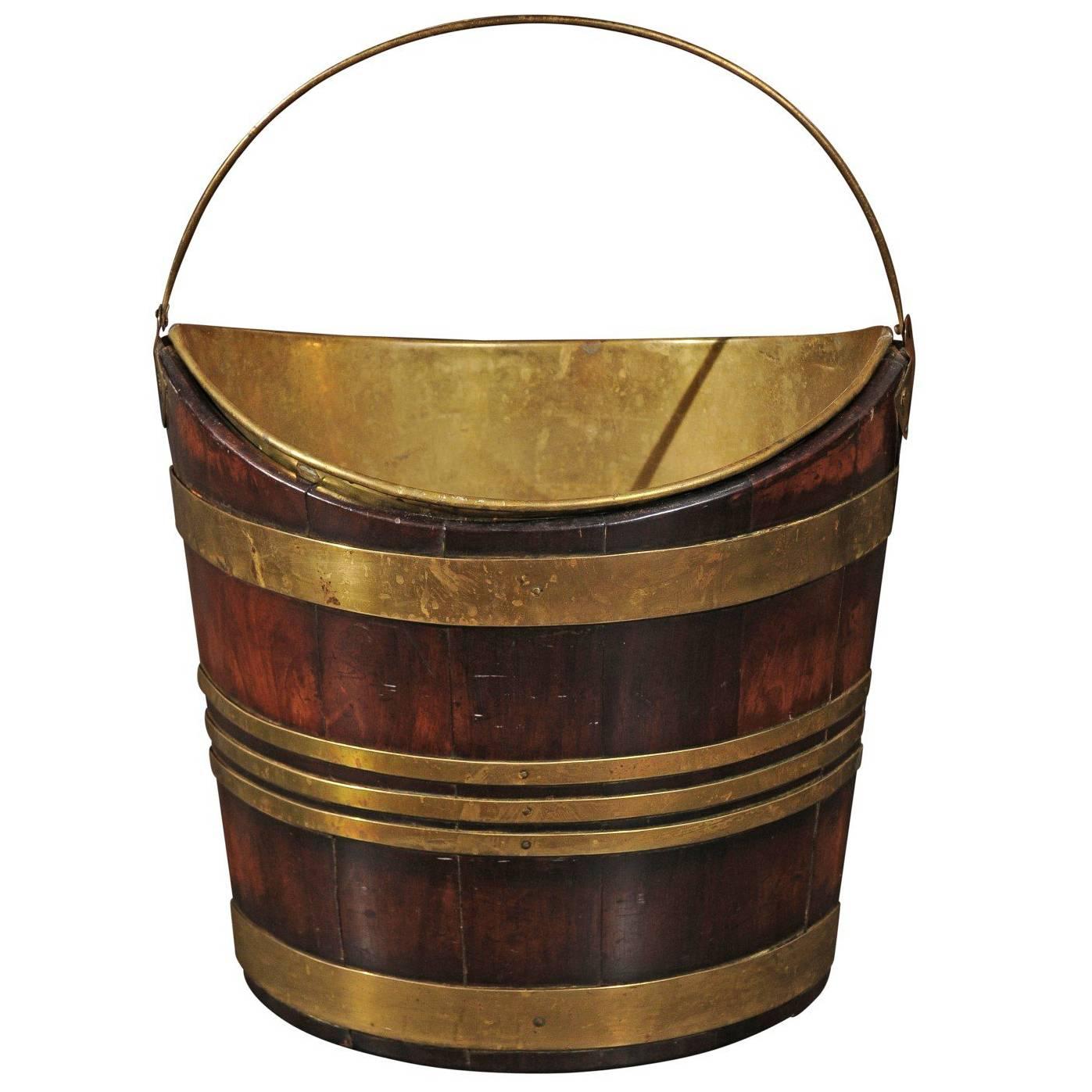 English Mahogany and Brass Peat Bucket with Handle from Mid-19th Century