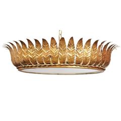 Vintage Spanish Gilt Metal Crown Chandelier with Frosted Glass and Leaf Motifs
