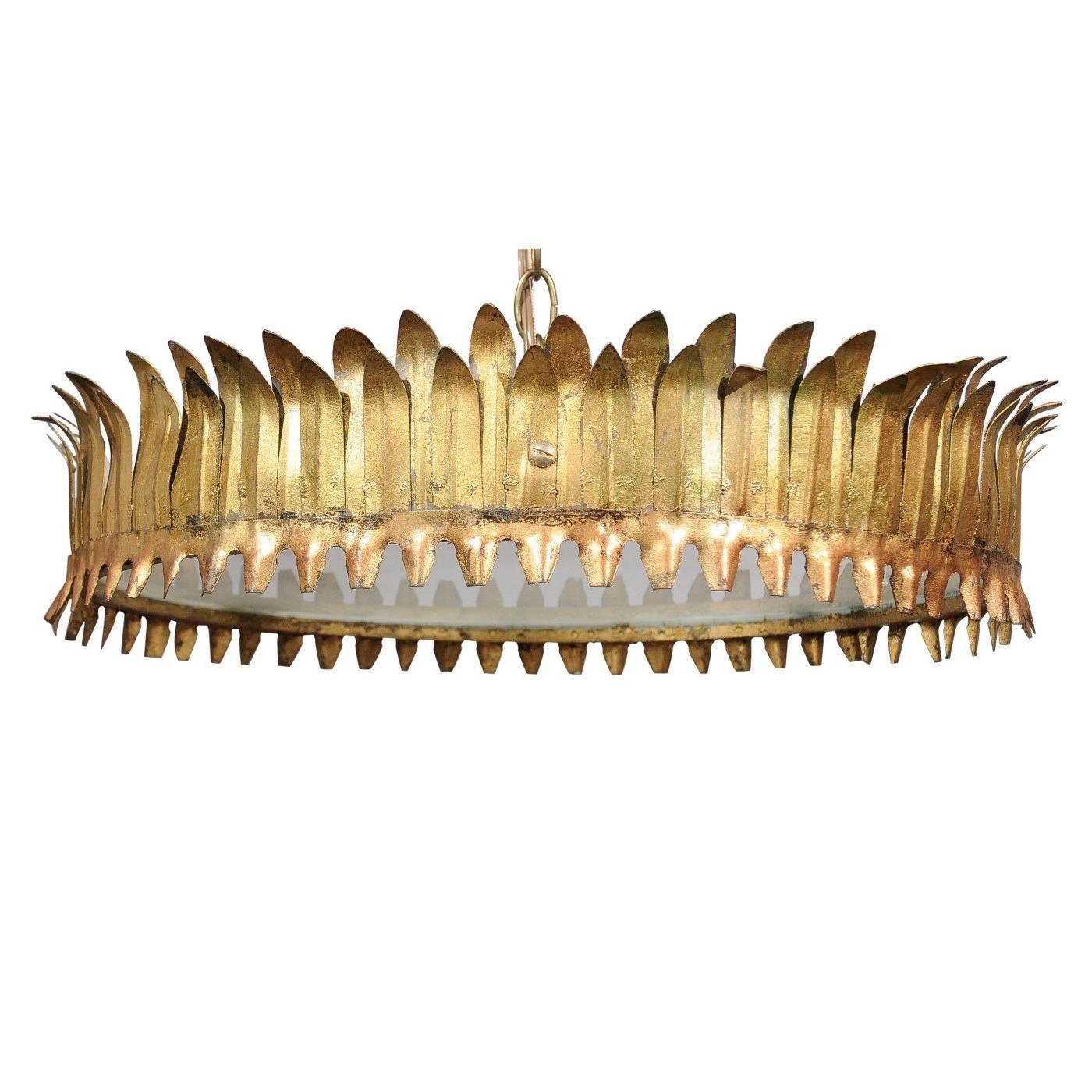 Spanish Gilt Metal Crown Chandelier with Leaf Motifs from the 1950s