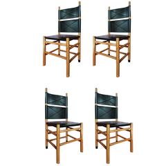 Carlo Scarpa Set of 4 Italian Bernini Walnut Chairs with Black Leather Seat 1977