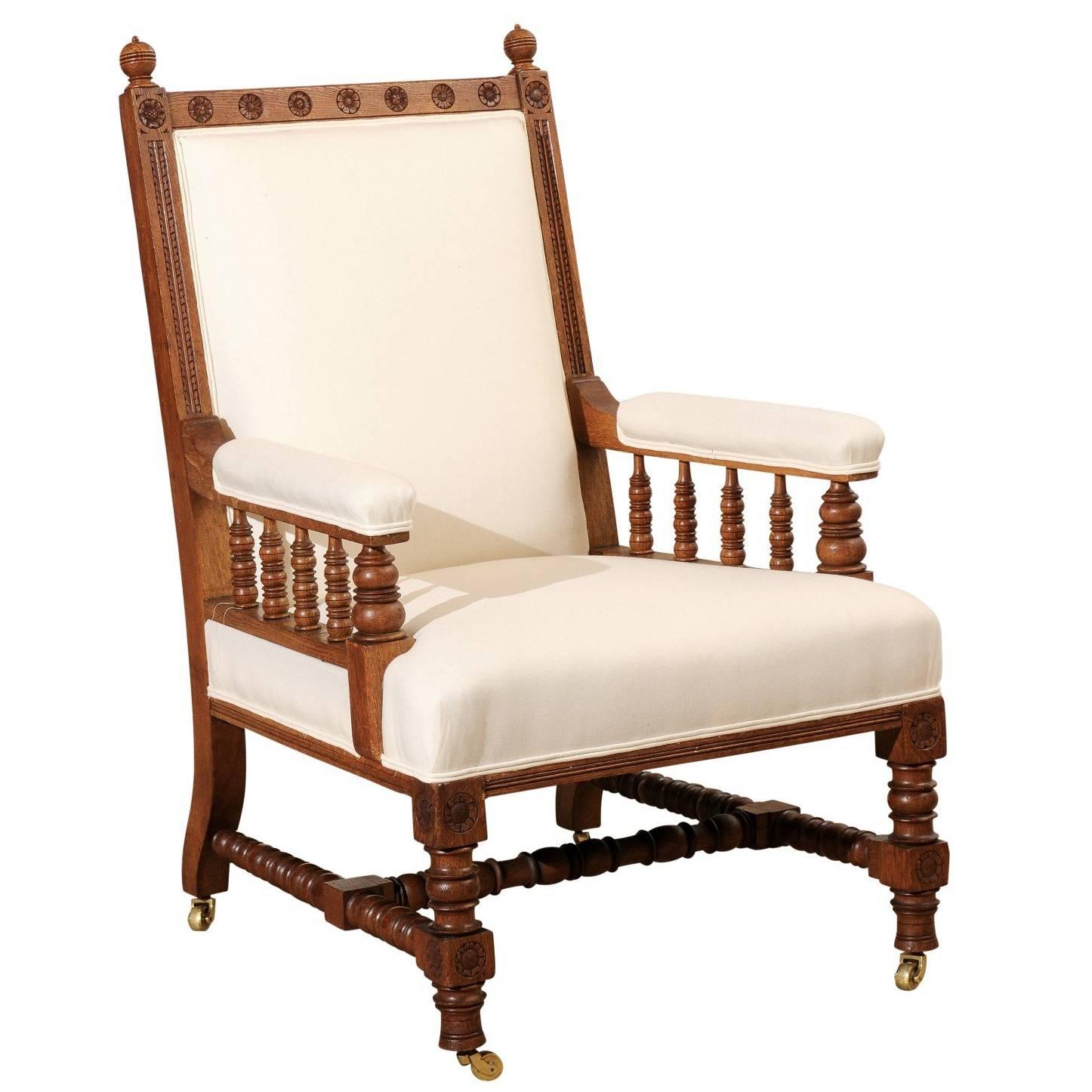 English Oak Armchair Carved Legs, Arms and Frame on Wheels For Sale