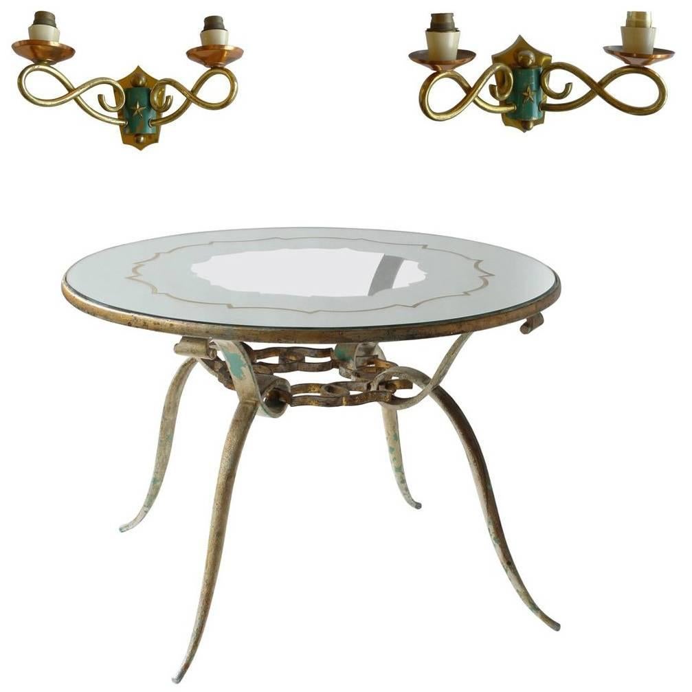 Hollywood Regency Round Pattern Mirrored Coffee Table with 1930s French Sconces