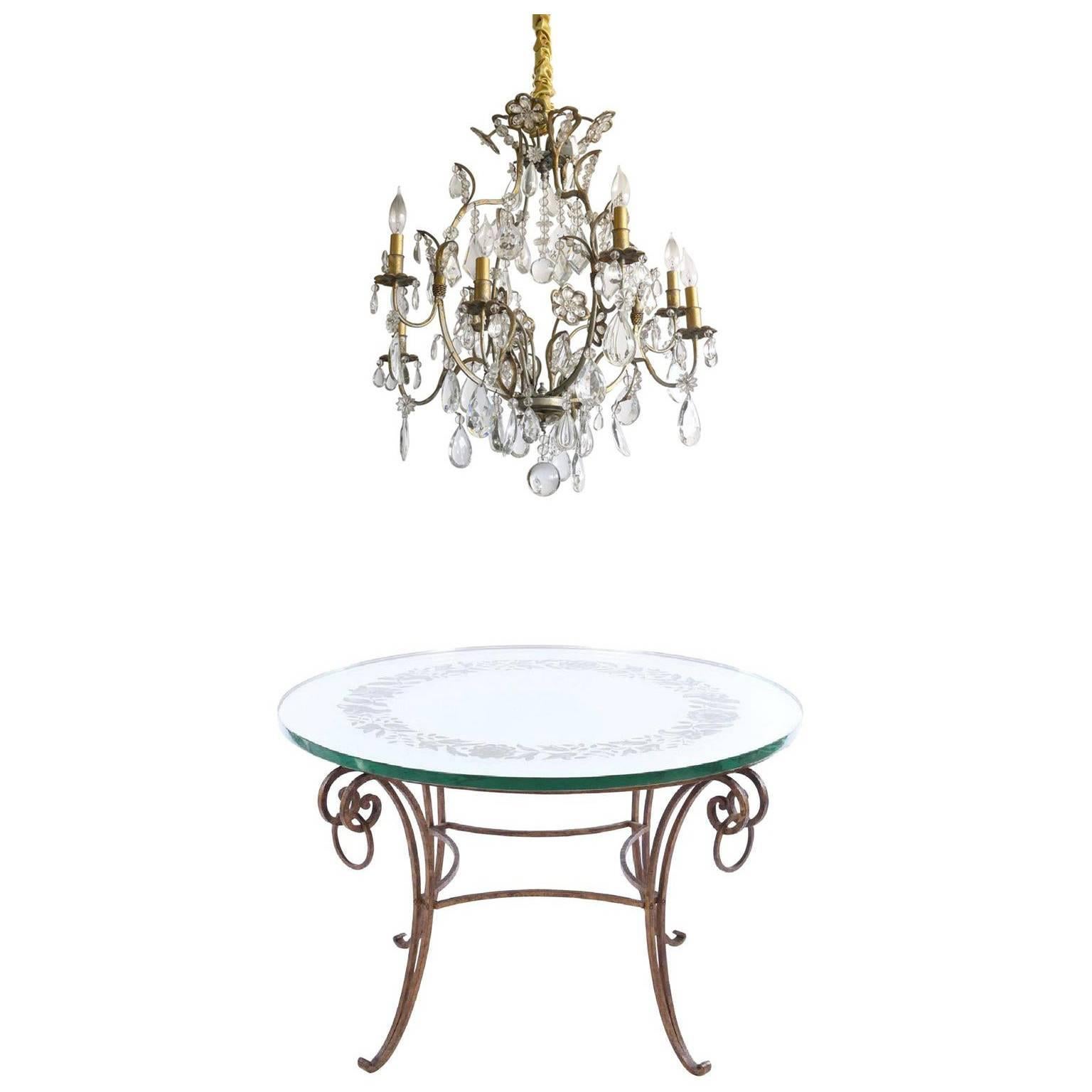 French Mirrored Coffee Table and Hollywood Regency Chandelier For Sale
