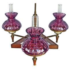 Antique French Art Deco Purple Amethyst Glass Shades Wood and Brass Chandelier 2
