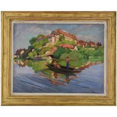 Oil Painting Village Landscape with Fishermen in Boat by Fernand Hertenberger