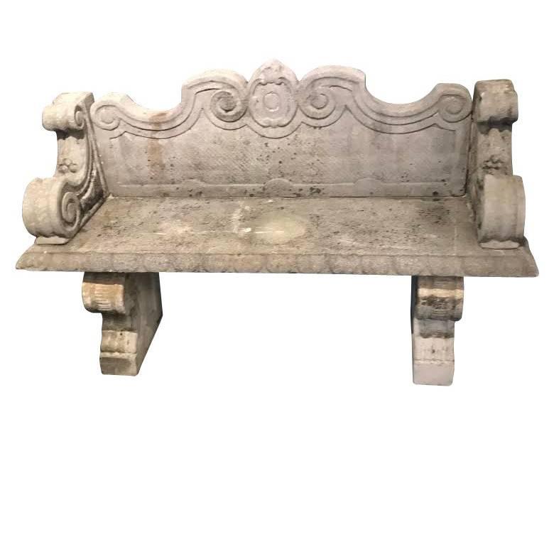 Stone Garden Bench with Back, France, 1940s at 1stDibs