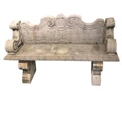 Vintage Stone Garden Bench with Back, France, 1940s