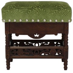 Antique Mahogany Stool Upholstered in Green Cut Velvet with Nail Head Trim
