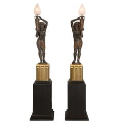 19th Century Cast Iron Egyptian Revival Electrified Torchières Signed Durenne