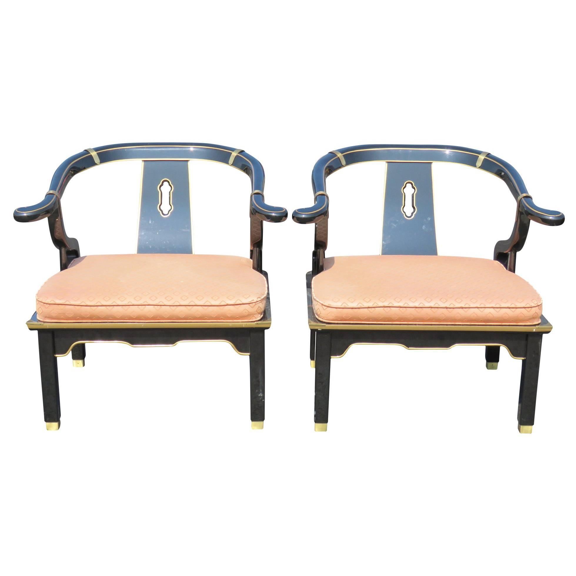 Pair of Asian Style Ebonized Arm Chairs In the style of James Mont