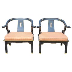 Pair of Asian Style Ebonized Arm Chairs In the style of James Mont