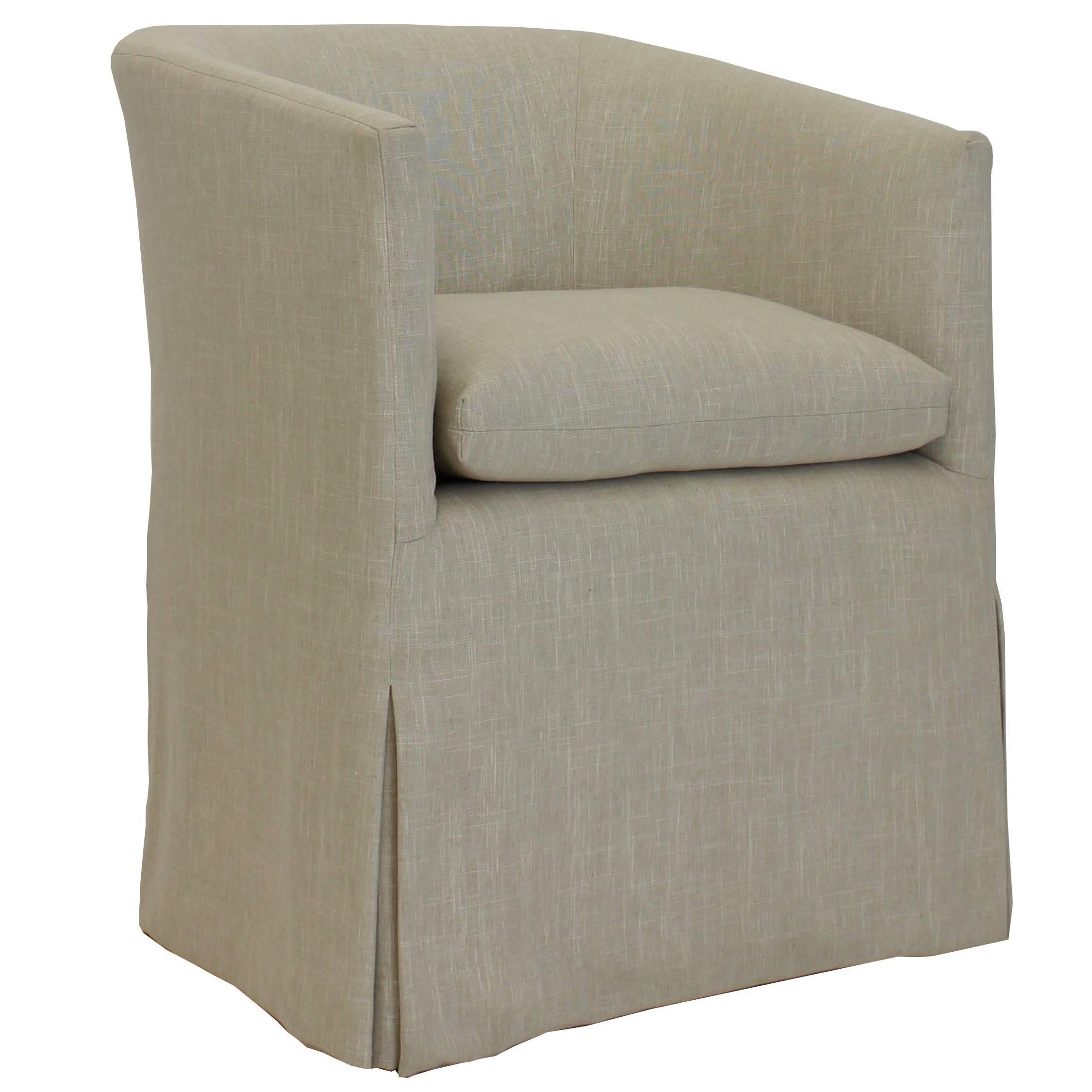 Transitional Barrel Dining Chair with Skirted Slipcover and Loose Cushion For Sale