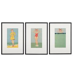 Trio of Framed Bathing Beauty Banners, circa 1950s