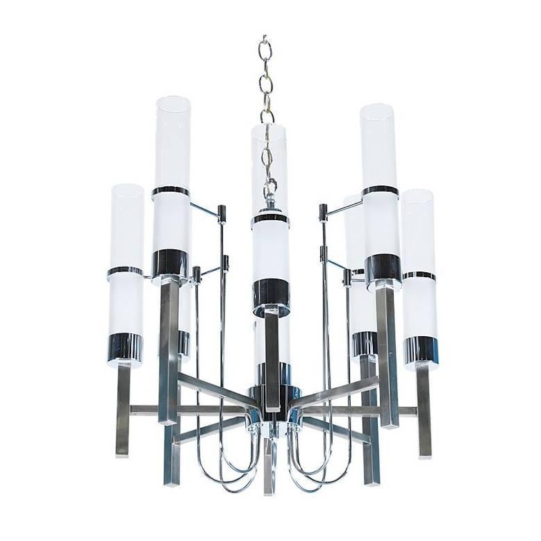 Mid-Century Chrome and Glass Nine-Light Chandelier