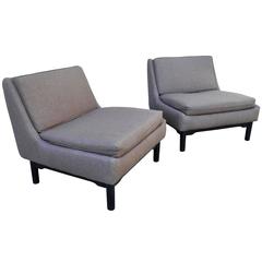 Pair of Mid-Century Modern Upholstered Linen Slipper Chairs by Widdicomb