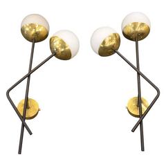 Pair Of Italian Metal Brass and Opaline Sconces