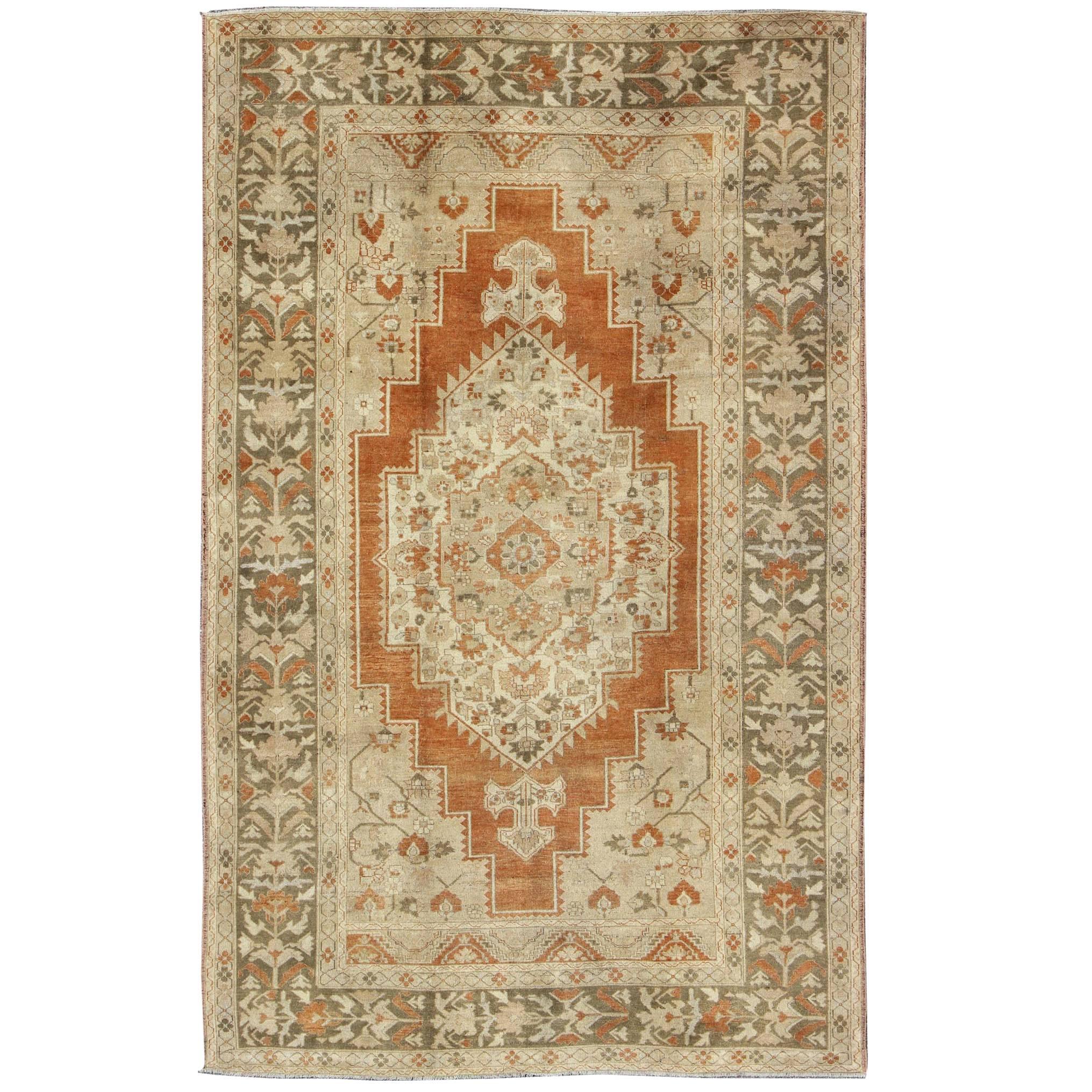 Vintage Turkish Oushak Rug in Rust, Green, Cream, Tape and Neutral Colors