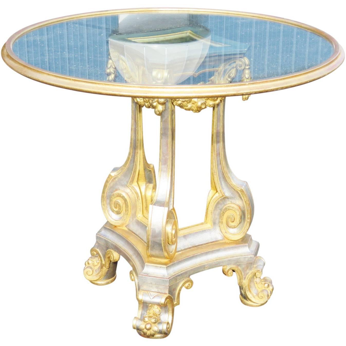 French Louis XV Parcel Gilt Silver and Gold Leaf Mirrored Center Table