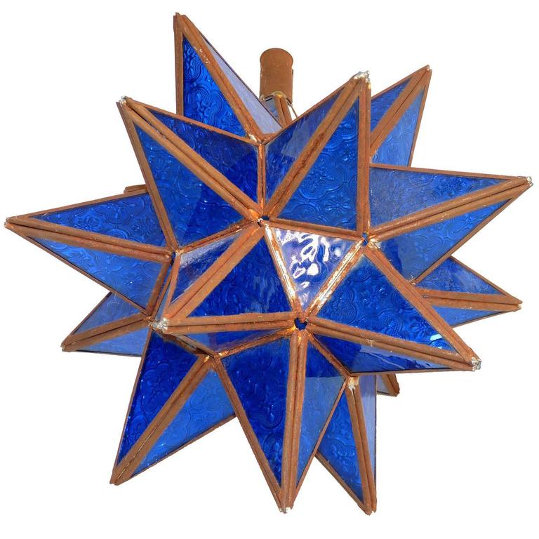 Tunisian Deep Blue Glass Pendant Star Shape Handmade Ceiling Lamp or Light